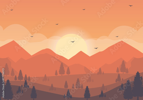Sunset Landscape of Mountains  Hill  Wilderness  Sands  Lake and Valley in Flat Wild Nature for Poster  Banner or Background Illustration