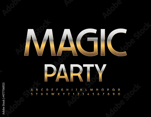 Vector Luxury Emblem Magic Party.   Elegant Golden Font. Artistic Alphabet Letter and Numbers
