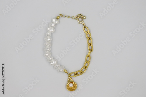 Bracelet made of natural stones on a white background. Top view
