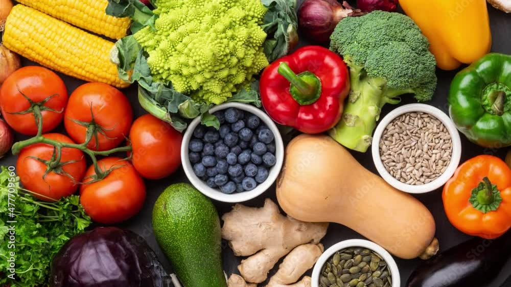 Healthy eating ingredients: fresh vegetables, fruits and superfood. Nutrition, diet, vegan food.