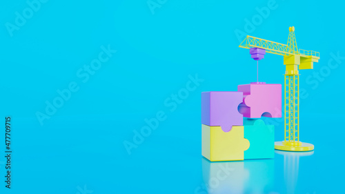 3D jigsaw puzzle pieces lifted by crane on blue background. Problem-solving, business concept. 3d render illustration