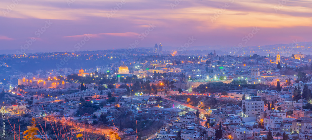 Sunset view of Jerusalem old and new city - obrazy, fototapety, plakaty 