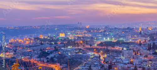 Fotografie, Obraz Sunset view of Jerusalem old and new city