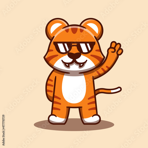 Cute tiger posing peacefully with sunglasses vector cartoon illustration. Flat cartoon style. Isolated cute tiger. Suitable for stickers, web landing pages and more.