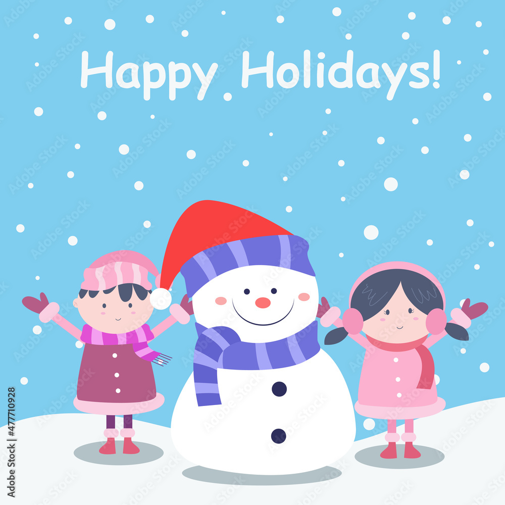 Happy holidays illustration with little boy girl and snowman Happy holidays illustration with little boy girl and snowman