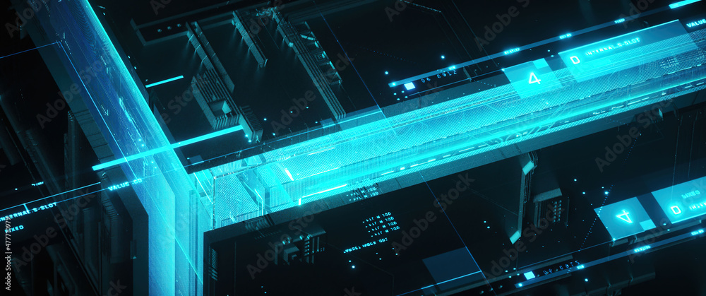 3D rendering of cyberpunk AI. Circuit board. Technology background ...