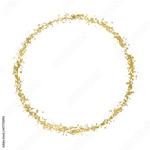 Golden circle with glitch effect, pattern. Round shape, pixel noise texture, distortion. Use for overlay, frame or montage, greeting cards. Isolated, white background. 