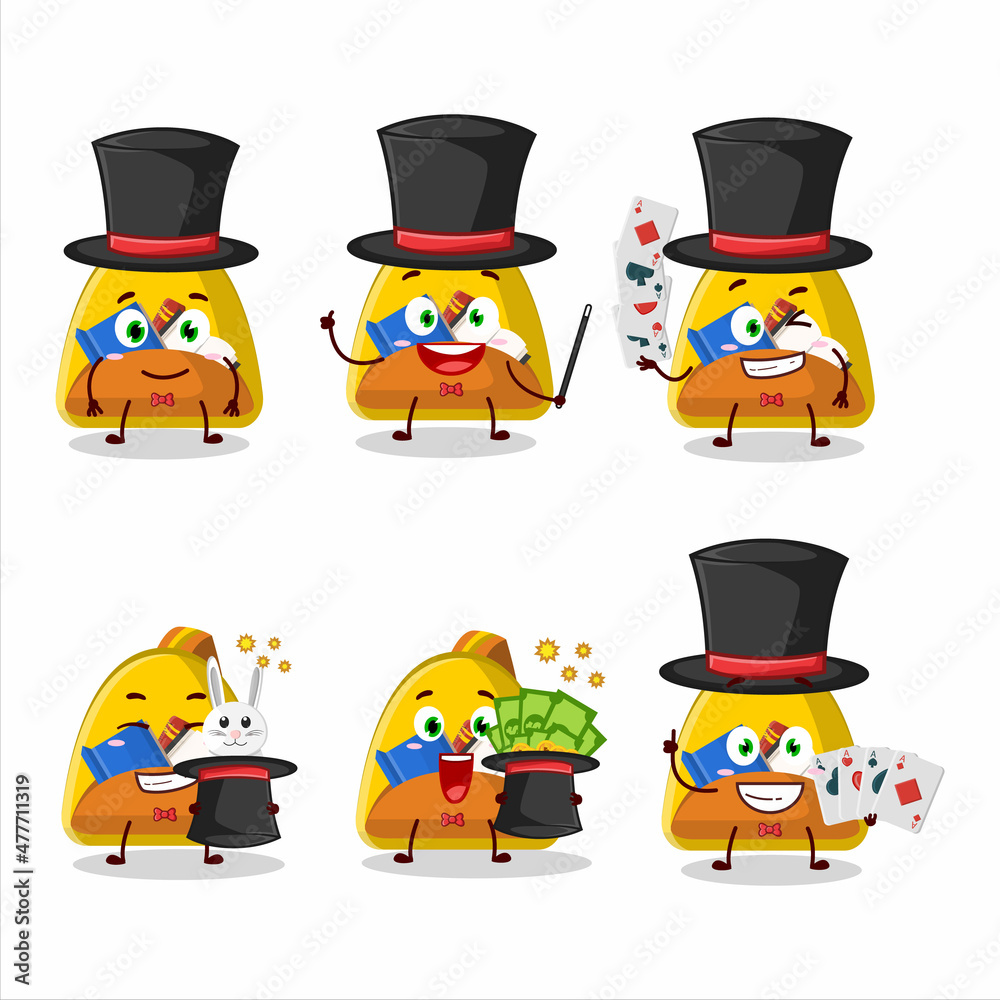 A school bag Magician cartoon character perform on a stage A school bag Magician cartoon character perform on a stage