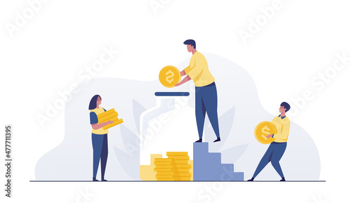 Man and woman inserting cash into glass jar. Vector illustration for finance.