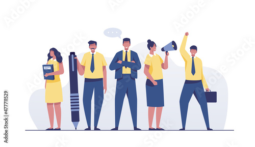 Group of people men and women in business suits. Business team ready to work.