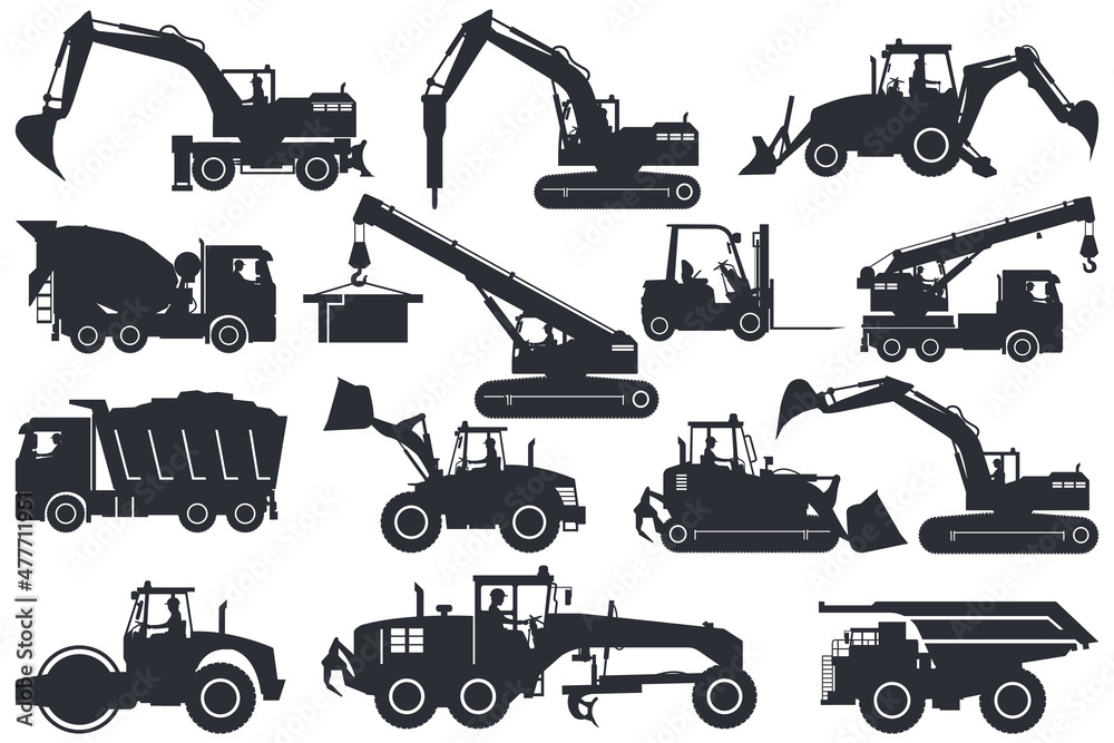 set of heavy machinery silhouettes, truck, soil compactor, backhoe, excavator, forklift, front loader, crane, motor grader, hammer, for construction and mining