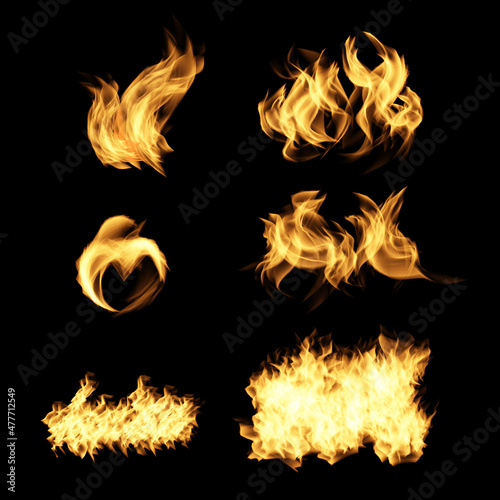 Fire collection set flames on black background.