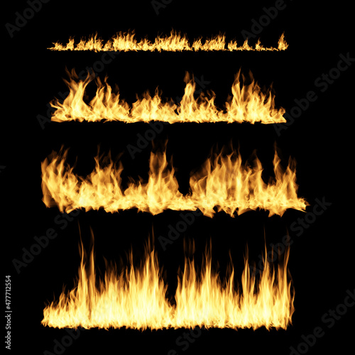 Fire collection set flames on black background.
