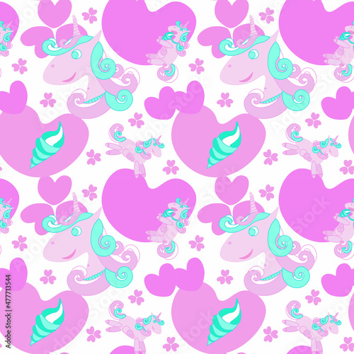 Seamless unicorn pattern. Eats ice cream  smiles  jumps. White background  for use in textile  paper  plastic production.