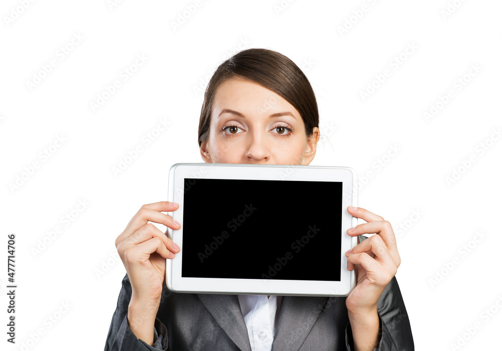 Businesswoman holding tablet computer layout