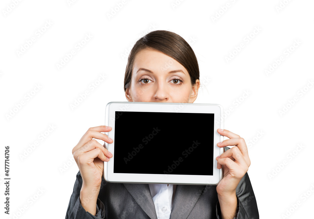Businesswoman holding tablet computer layout Businesswoman holding tablet computer layout