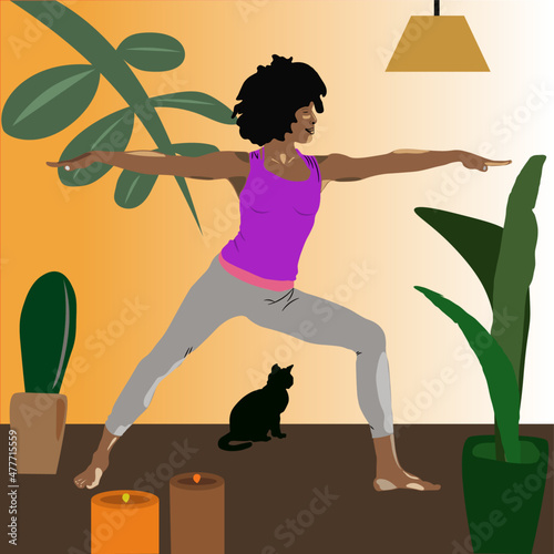 Black women doing yoga poses in home. Healthy life style. women sport. Fashion illustrator women. Relax and confort women in home.
