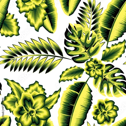 Tropical composition with green jasmine flowers branch and monstera fern leaves seamless pattern on white background. Floral background. Exotic tropics. Summer design. jungle print. nature wallpaper