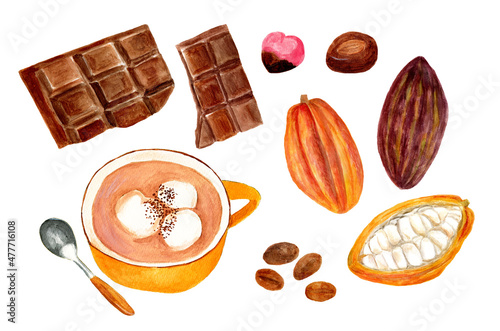 チョコレートとココアとカカオの水彩イラスト photo