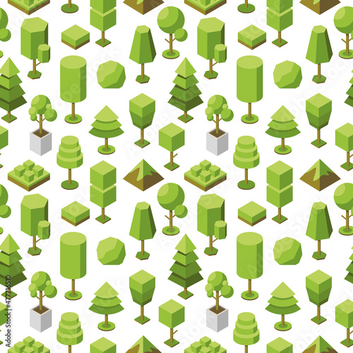 Vector seamless geometric pattern of isometric tree icons. Collection of natural botanical objects. 3d illustration of plants for the park, garden. Conceptual ecological background