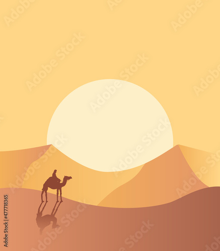 Bedouin on a Camel Desert Landscape Sunset Illustration