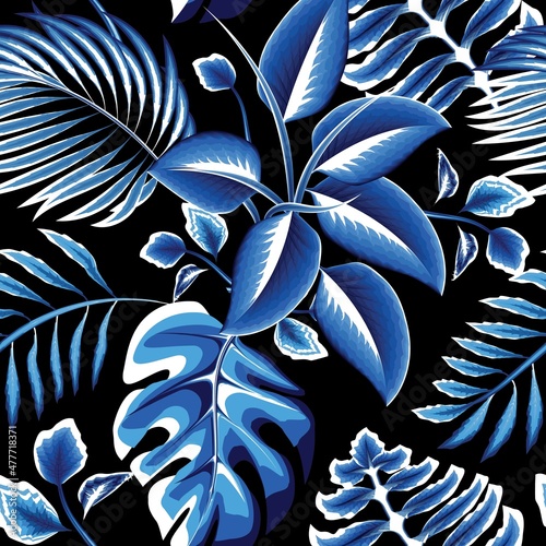 tropical shining blue monochromatic in dark with exotic night jungle illustration seamless pattern. fashionable texture. foliage background. Summer design. nature decorative. rainforest wallpaper