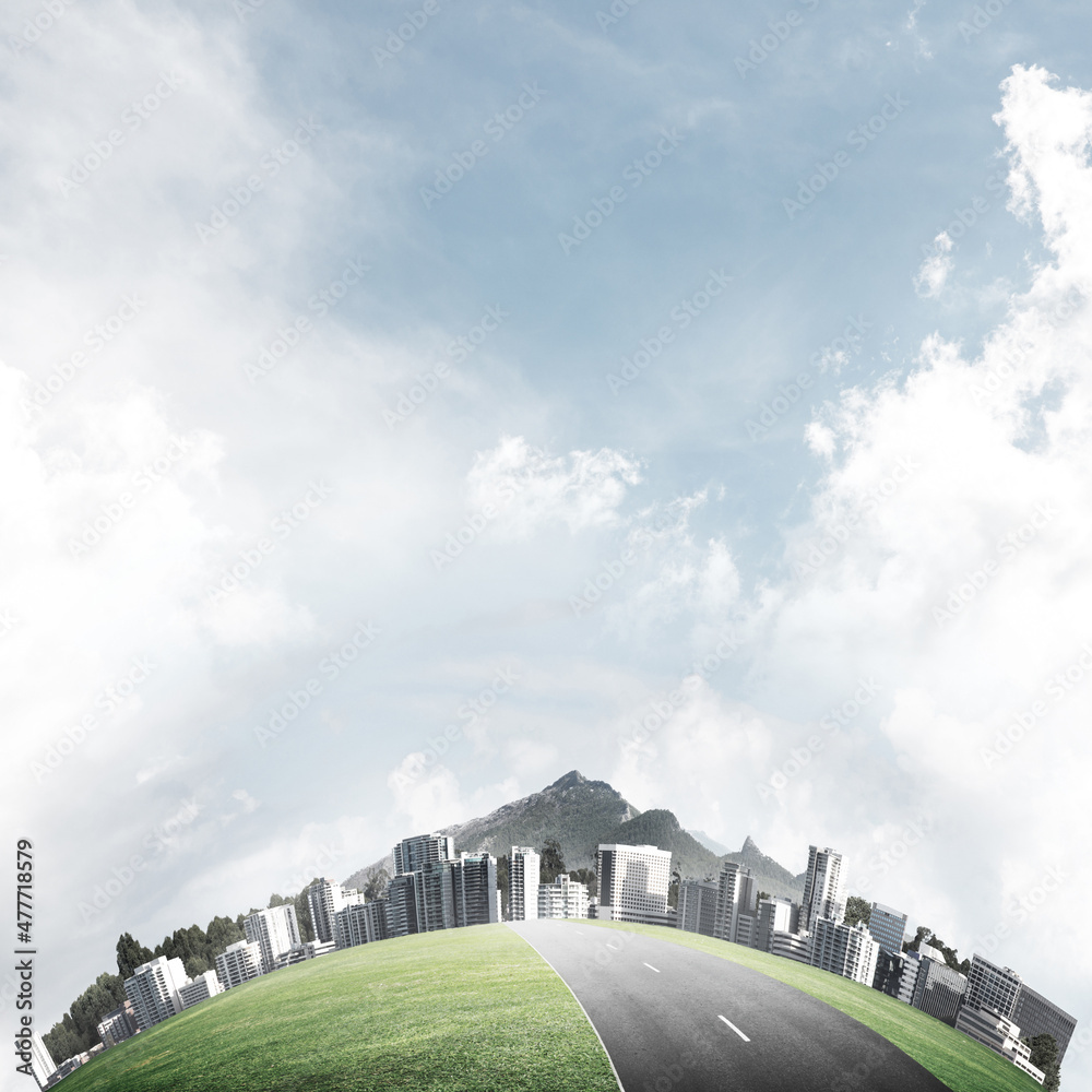 Concept of ecology life with skyscrapers and green landscape on round surface