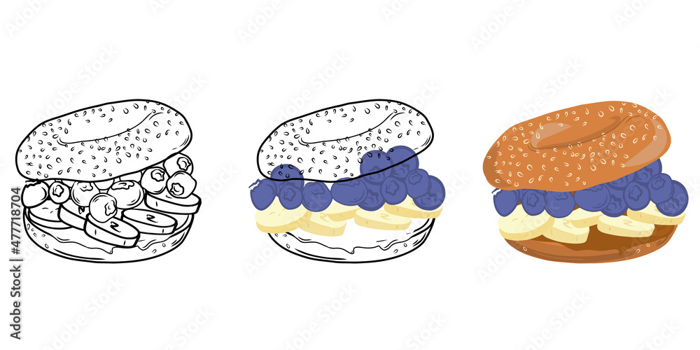 Set of bagel sandwich with banana, blueberry and chocolate paste isolated on white background. Linear style. Drawn by hand. Doodle. For web design, icons, packaging, menu or interior design. Set of bagel sandwich with banana, blueberry and chocolate paste isolated on white background. Linear style. Drawn by hand. Doodle. For web design, icons, packaging, menu or interior design.