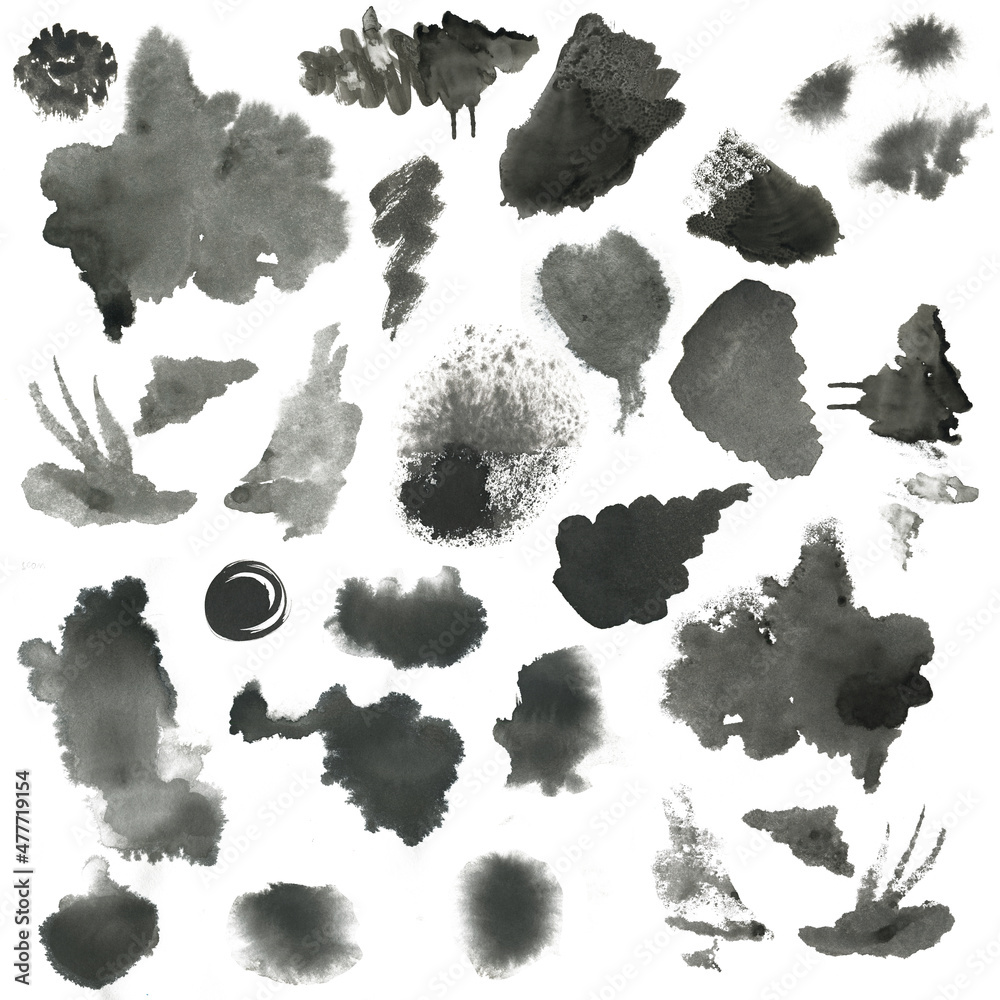 Set of Black and White Watercolor Stains. Collection of Brush Strokes and Stains of Watercolor Stains.