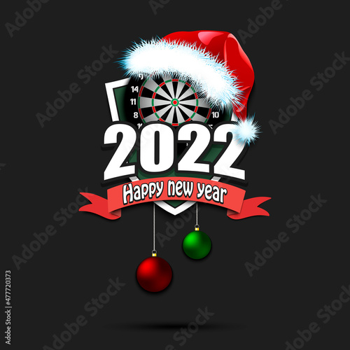 Happy new year 2022. Darts logo template design. Dartboard in santa hat. Design pattern for greeting card, banner, poster. Vector illustration on isolated background
