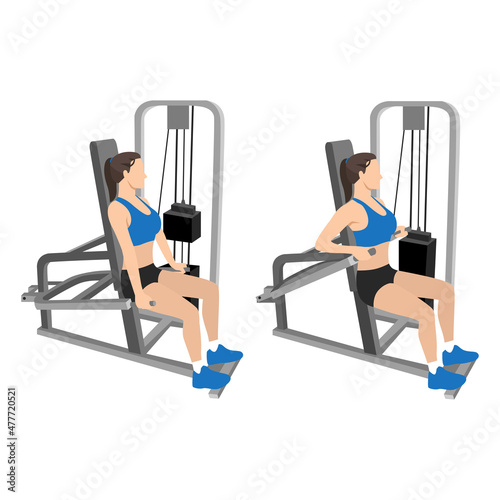 Woman doing Assisted Machine seated tricep dips exercise. Flat vector illustration isolated on white background
