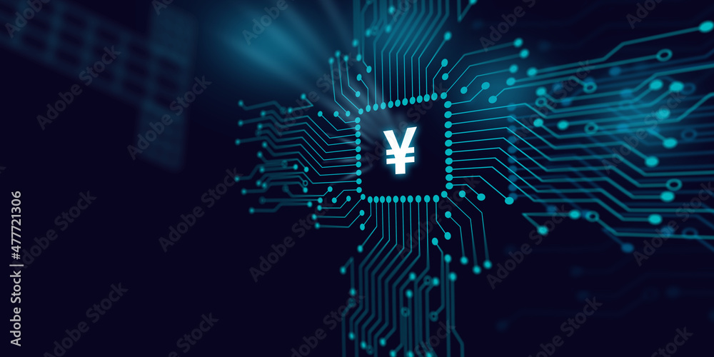 Yen or Yuan Symbol is Reflecting Over Futuristic Electronic Circuit Yen or Yuan Symbol is Reflecting Over Futuristic Electronic Circuit