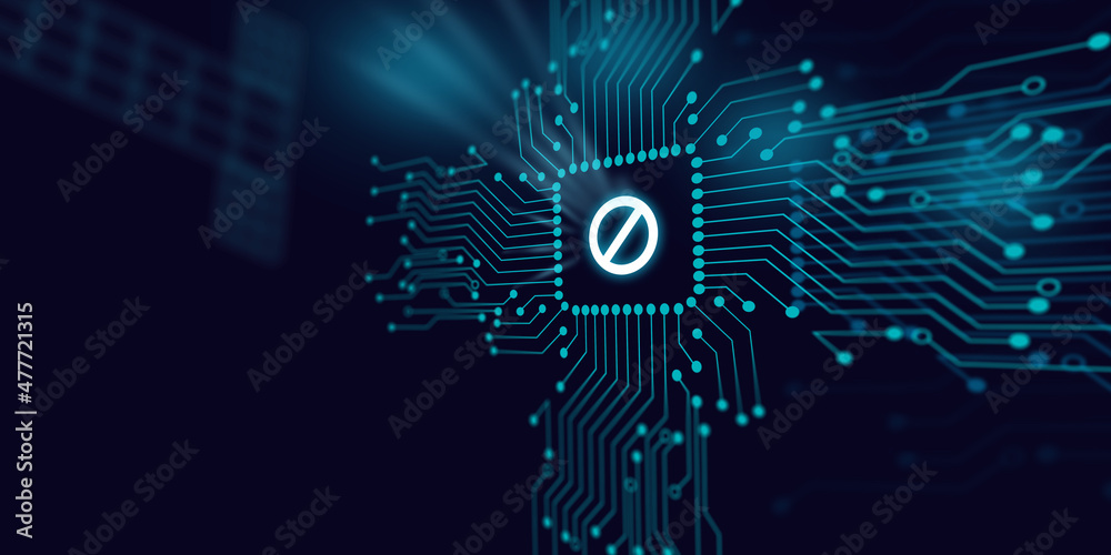 Do Not Enter Sign is Reflecting Over Futuristic Electronic Circuit Do Not Enter Sign is Reflecting Over Futuristic Electronic Circuit
