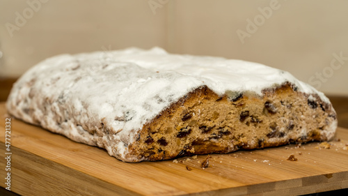 Close up of cut christmas stollen