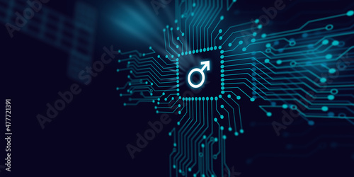 Male Gender Symbol is Reflecting Over Futuristic Electronic Circuit