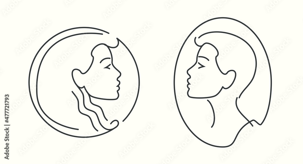 Logo female portrait, beautiful woman face. Emblem for beauty saloon and cosmetics in outline style