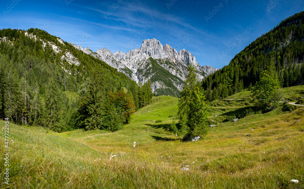 Obraz premium Panorama of a Bavarian mountain landscape, Ramsau, Bavaria, Germany