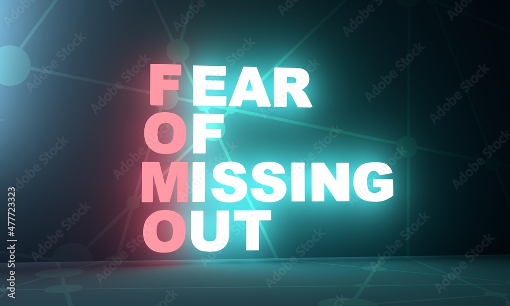 Social Media Acronym FOMO as FEAR OF MISSING OUT. 3D Render