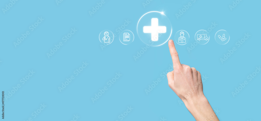 Businessman hold virtual plus medical network connection icons. Covid-19 pandemic develop people awareness and spread attention on their healthcare.Doctor,document,medicine,ambulance,patient icon. Businessman hold virtual plus medical network connection icons. Covid-19 pandemic develop people awareness and spread attention on their healthcare.Doctor,document,medicine,ambulance,patient icon.