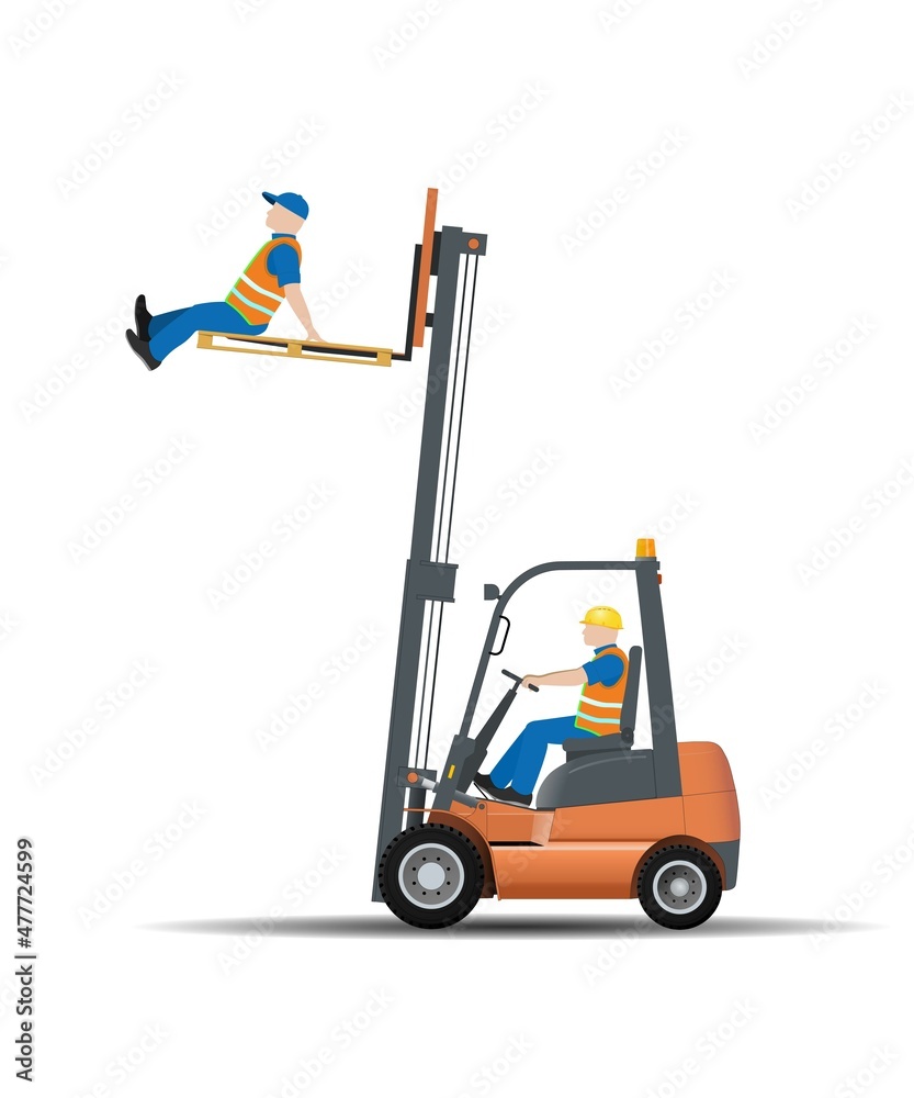 Dangers of working with a forklift truck. Lifting a person on a pallet