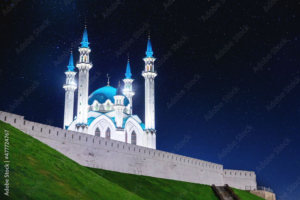 Beautiful banner white islamic Mosque with blue roof background night sky with star