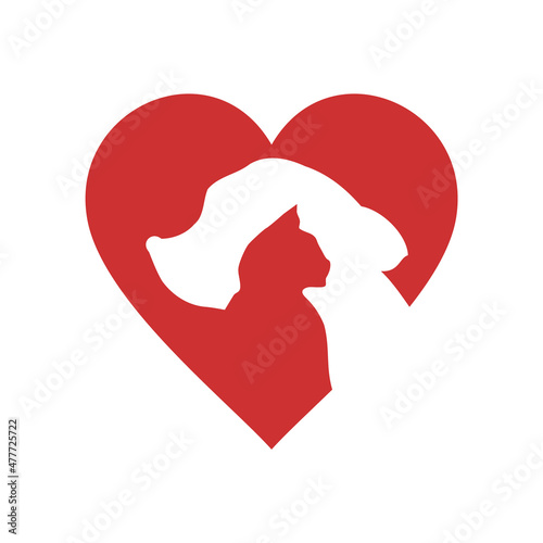 Dog and cat inside red heart. Animal shelter sign or symbol. Veterinary care logo. Animal lover concept. Pet shop emblem. Canine and feline friends. Cat dog help. Vector illustration, flat, clip art. 