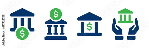 Bank building icon collection. Financial transaction concept