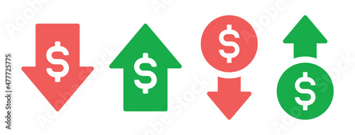 Dollar with arrow up and down symbol of expensive and cheap price icon.