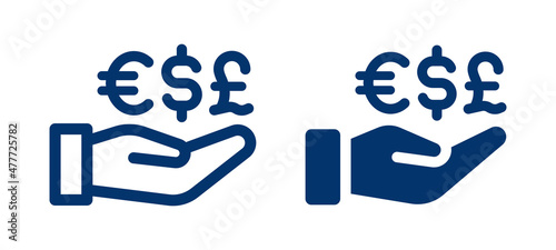 Hand holding money currencies such as euro, dollar and pound icon sign.