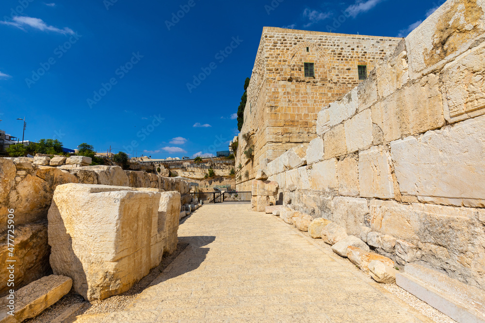 Second Temple period Jerusalem main street archeological park along Western Wall of Temple Mount walls in Jerusalem Old City in Israel
