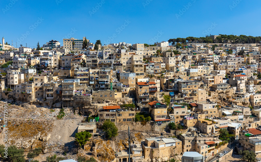 Fototapeta premium Panorama of Mount of Olives with Siloam village over Kidron Valley seen from south wall of Temple Mount in Jerusalem Old City in Israel