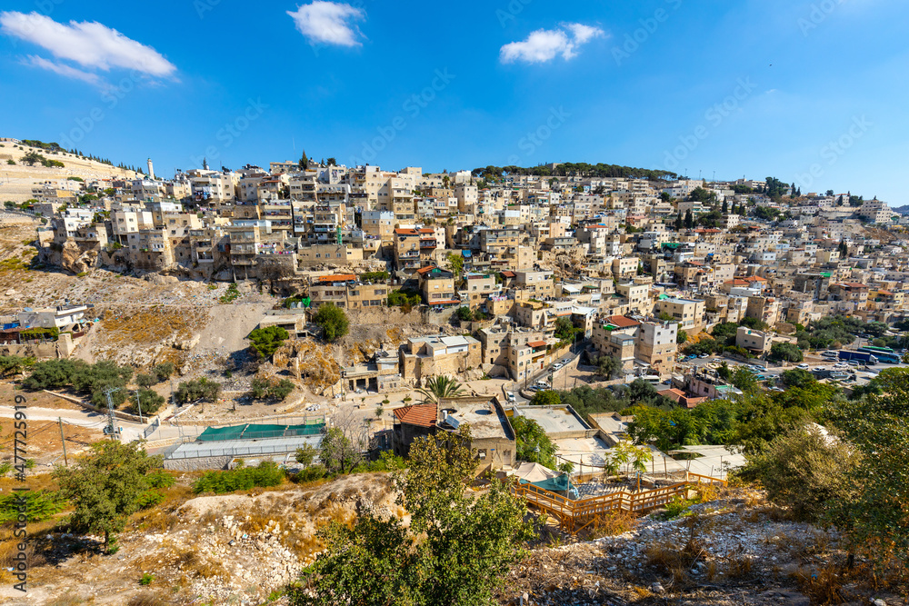 Panorama of Mount of Olives with Siloam village over Kidron Valley seen from south wall of Temple Mount in Jerusalem Old City in Israel