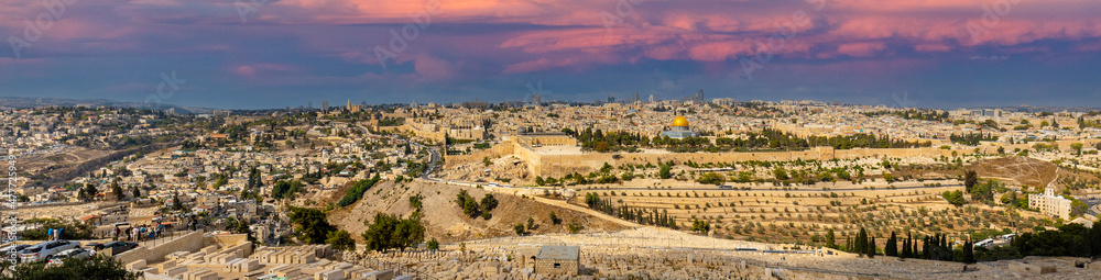 Metropolitan Jerusalem panorama with Temple Mount, Al-Aqsa Mosque and Dome of the Rock in Old City seen from Mount of Olives in Israel