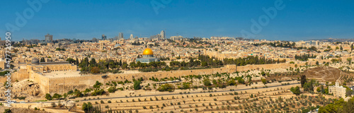 Metropolitan Jerusalem panorama with Temple Mount, Al-Aqsa Mosque and Dome of the Rock in Old City seen from Mount of Olives in Israel